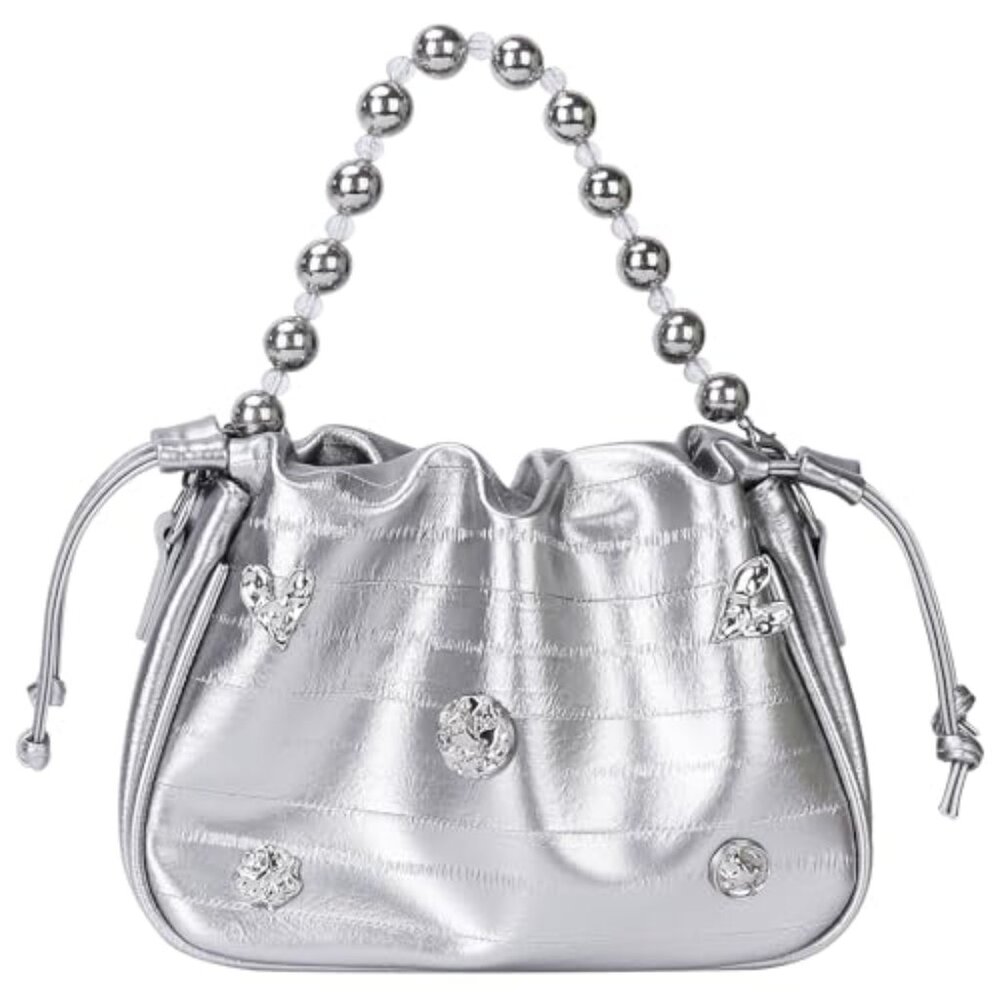 Womens Silver Beaded‎ Hobo Bag Evening Clutch Purse for Wedding Party Prom